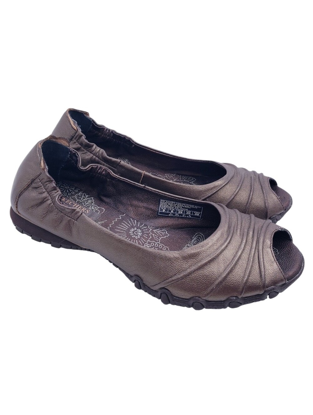 Skechers Bronze Metallic Leather Scrunchy Bikers Open Toe Flats Women's Size 9